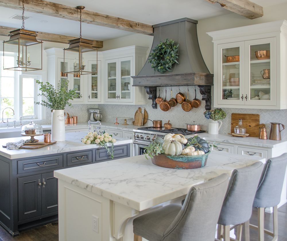 White kitchen with glass cabinets and dark center island- farmhouse kitchen-cottage kitchen-french country kitchen-Fall decorating