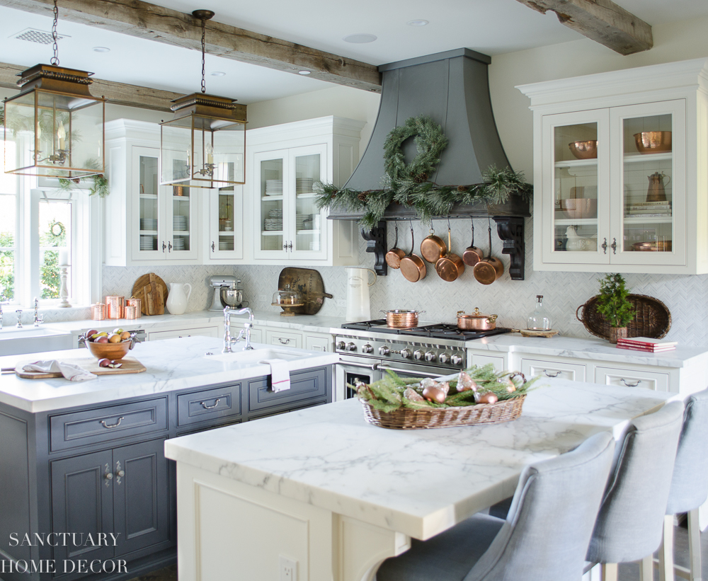 White kitchen with glass cabinets and dark center island- farmhouse kitchen-cottage kitchen-french country kitchen-Winter decorating