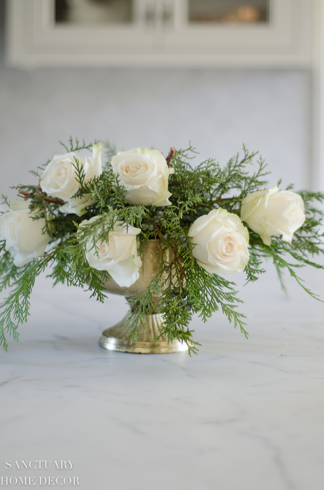 An Easy DIY White Rose and Pine Winter Centerpiece - Sanctuary