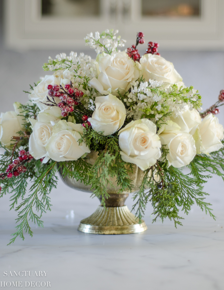 An Easy DIY White Rose and Pine Winter Centerpiece - Sanctuary Home Decor