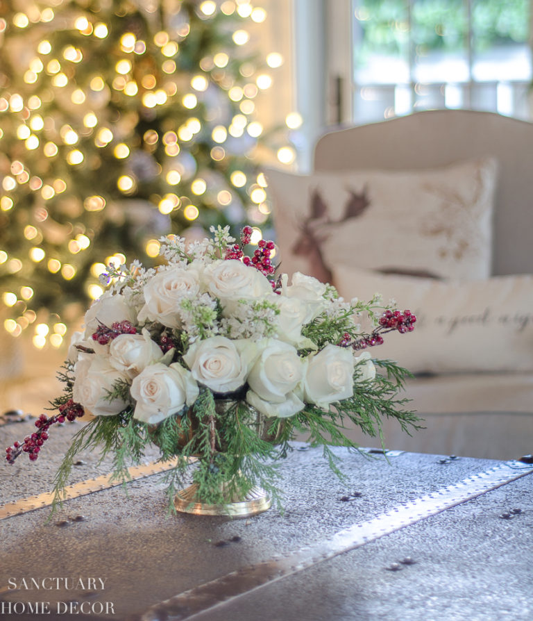 An Easy DIY White Rose and Pine Winter Centerpiece