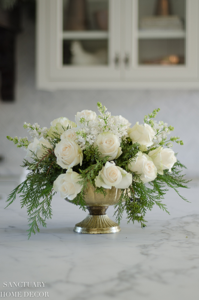 An Easy DIY White Rose and Pine Winter Centerpiece - Sanctuary Home Decor