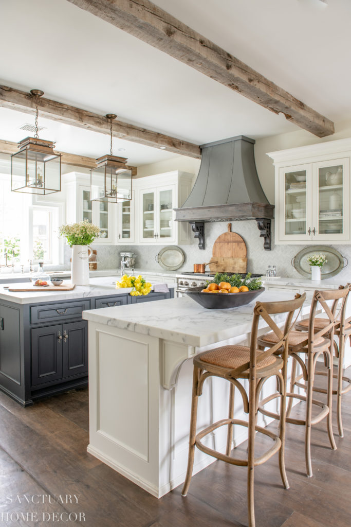 country kitchen with center islands and barstools