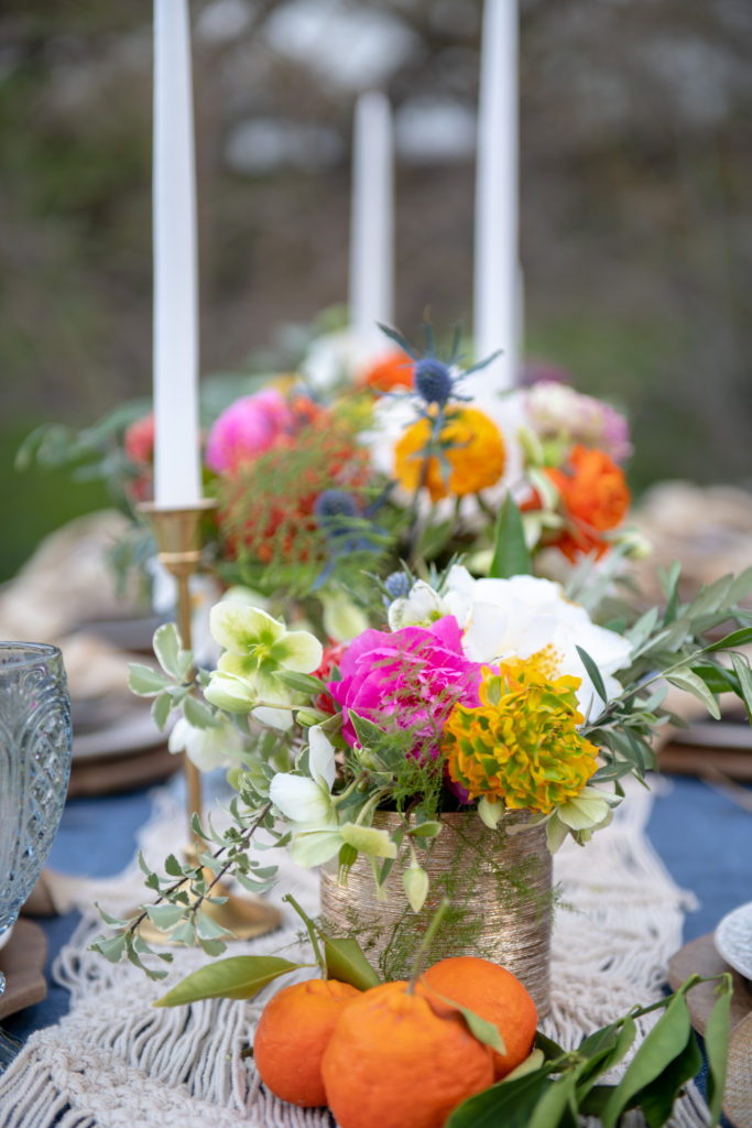 Bohemian table setting - macrame table runner - Poufs- Pillows- Moroccan Tablescape - Morocan Dinner Party- Moroccan Table Setting