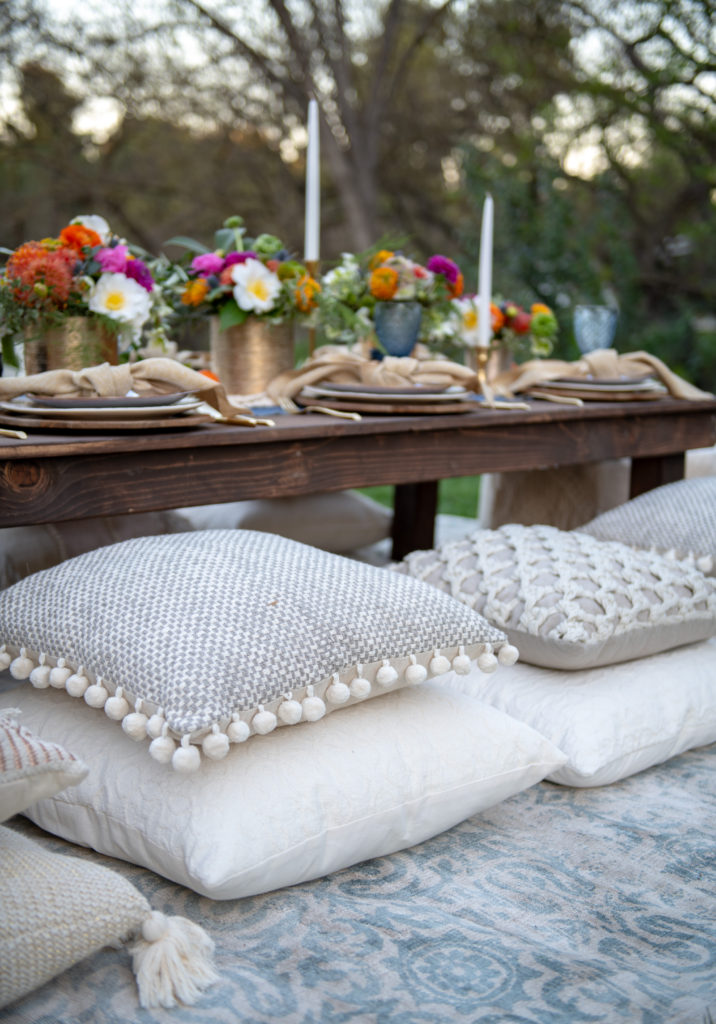 Bohemian table setting - macrame table runner - Poufs- Pillows- Moroccan Tablescape - Morocan Dinner Party- Moroccan Table Setting