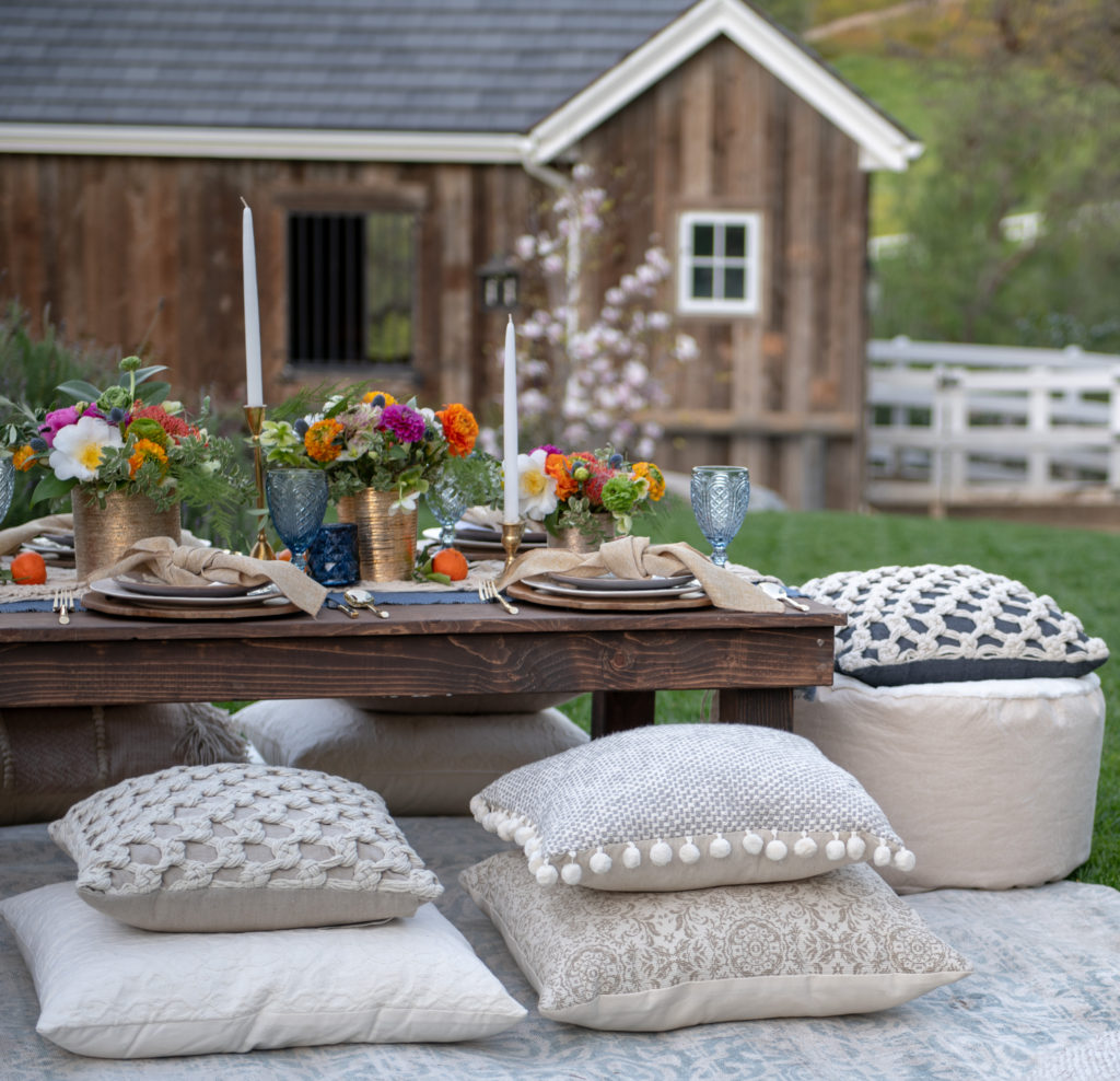 Bohemian table setting - macrame table runner - Poufs- Pillows- Moroccan Tablescape - Morocan Dinner Party- Moroccan Table Setting