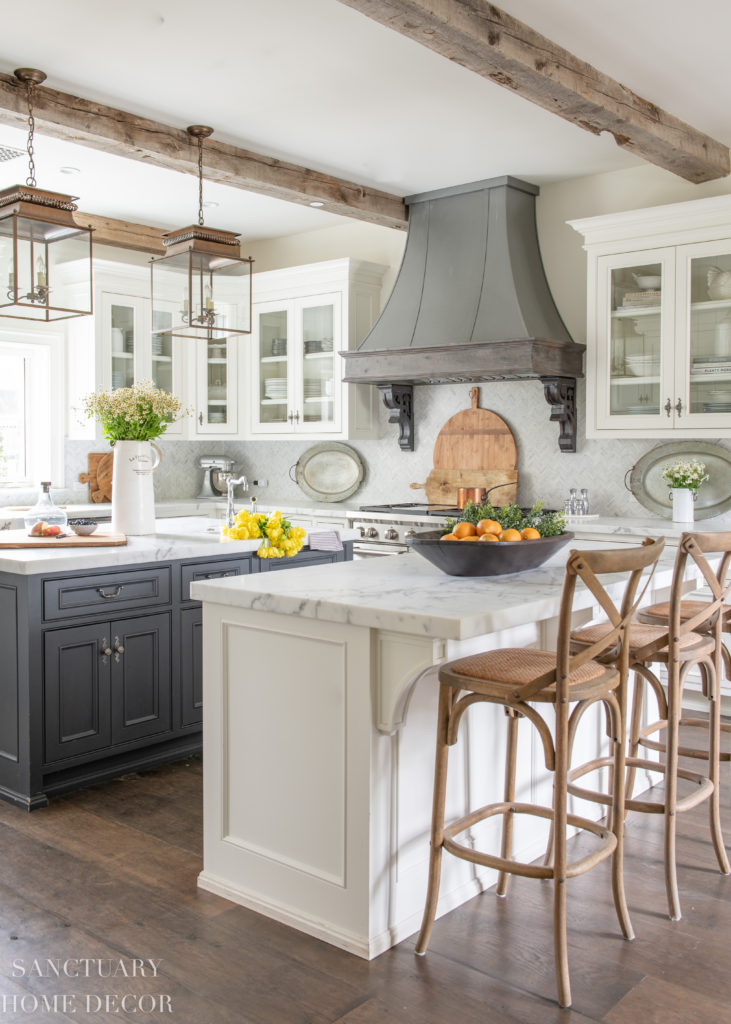 Summer Home Tour with Yellow and white decor accents-County Kitchen-White cabinets-Range hood