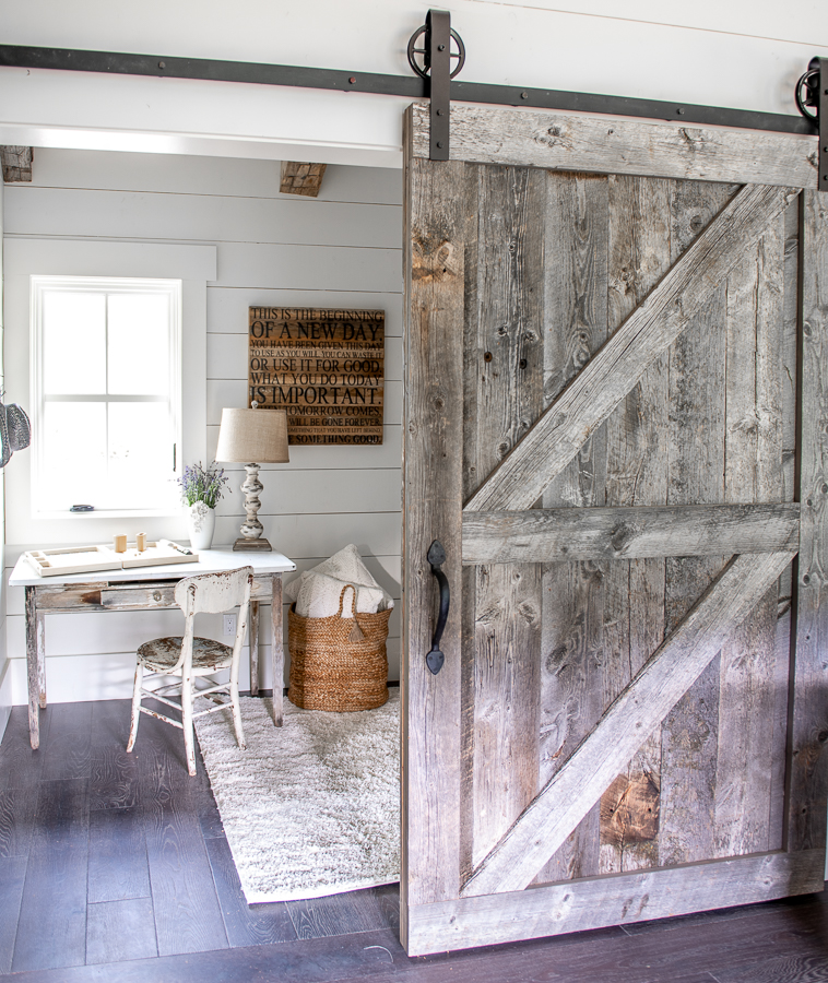 Reclaimed wood barn door. Bunk room