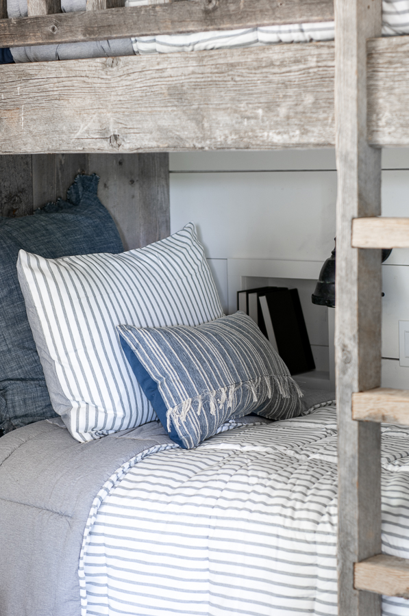 Barn wood Bunk beds with Walmart bedding