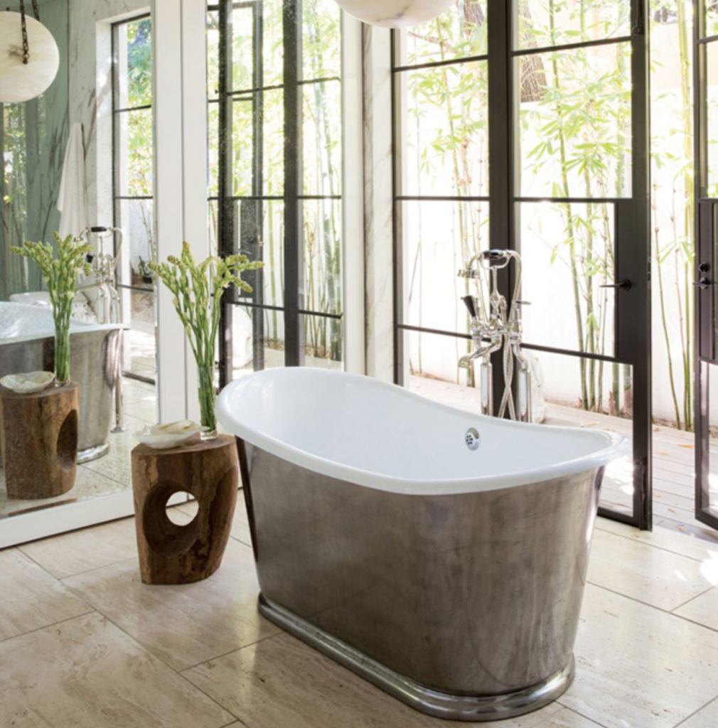 Modern farmhouse  master bath with polished nickel tub