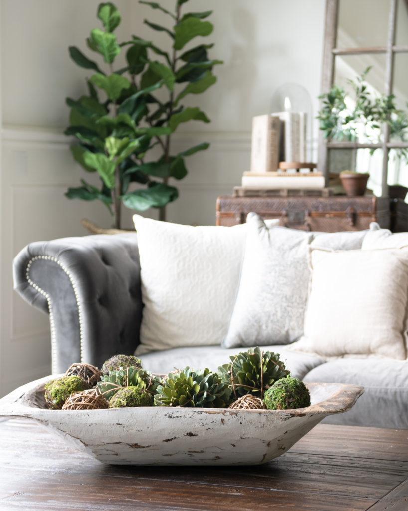 5 Minute Fall Decorating Tips-dough bowl filled with mossy spheres and greenery