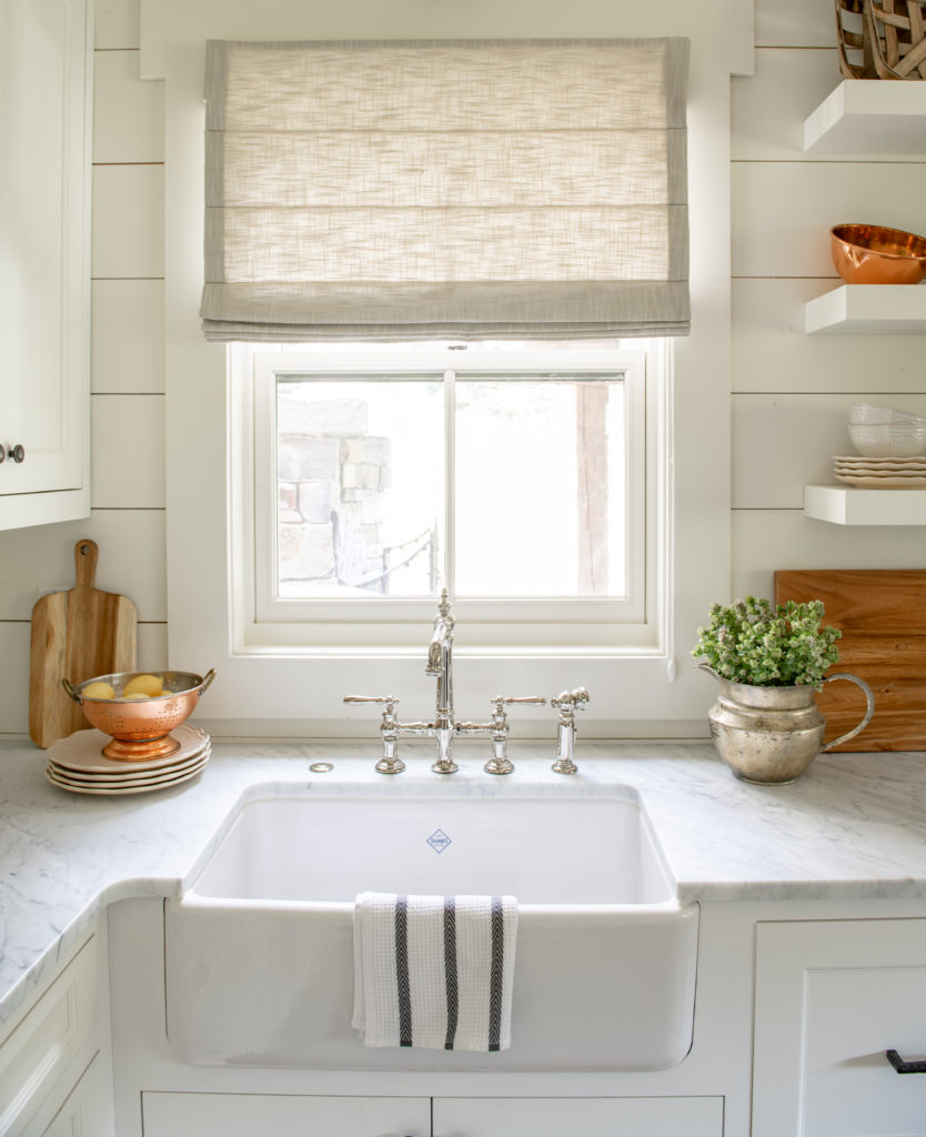 Farmhouse Kitchen sink-White marble countertops-Smith and Noble fabric window shade