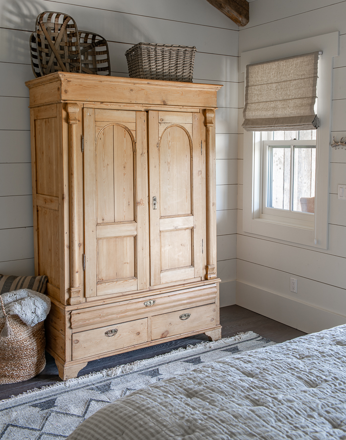 Vintage pine armoire-Farmhouse style-Shiplap walls-Smith and Noble Roman Shades