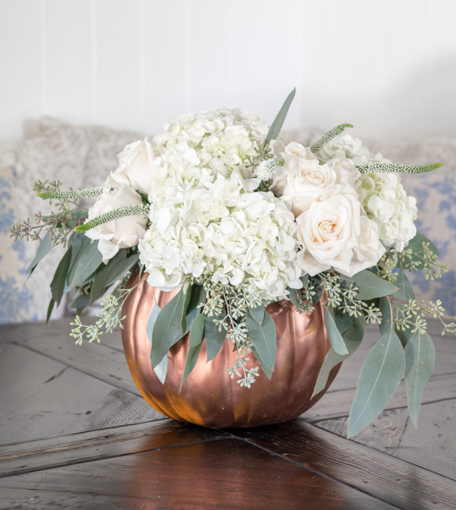 copper pumpkin centerpiece for Thanksgiving table