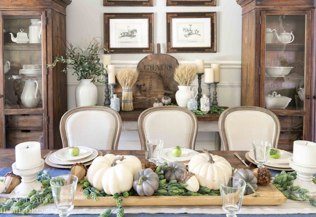 Green and White Fall Decor in the Kitchen and Dining Room