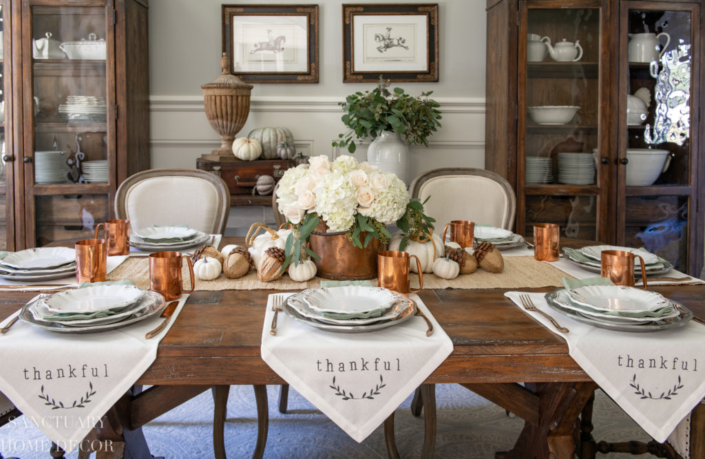 autumn decor dining table with thankful mats - Gear Den