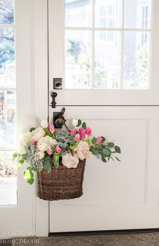 Hanging Front Door Flower Basket  Front door baskets, Front porch  decorating, Baskets on wall