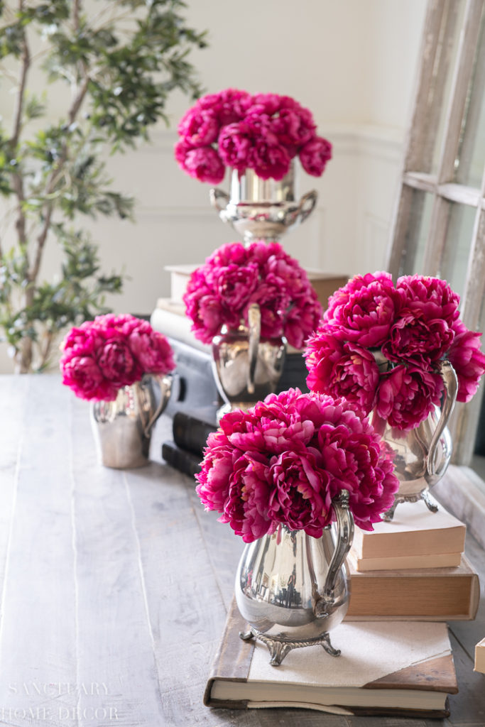 magenta faux peonies in silver pithers