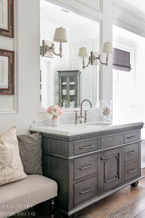 White And Gray Bathroom Ideas : Tiles Grey Small Bathroom Designs Novocom Top : Classic marble tile contrasts with a pure white porcelain freestanding tub, while dark gray curtains and silver accent table give depth and richness.