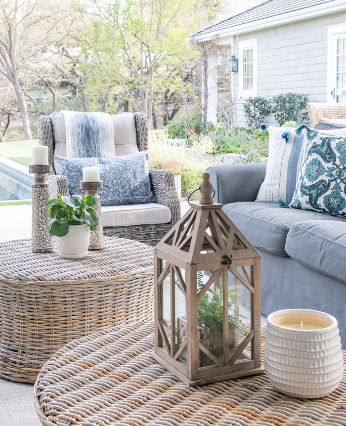 Spring patio decorating with blue and white